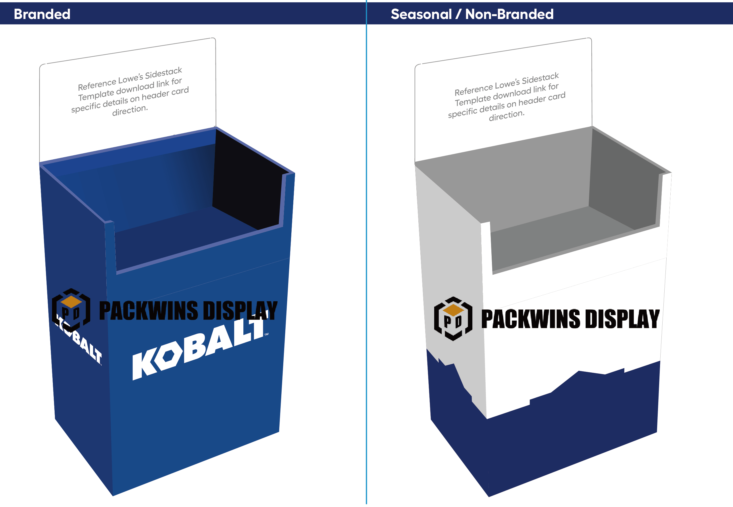 Branded vs. Seasonal Lowe's Displays A side-by-side comparison of a branded and a seasonal Lowe's display.