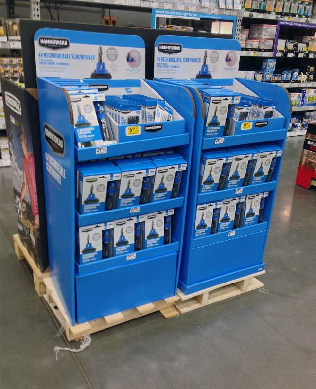 a collage of different types of cardboard displays with price tags