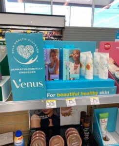 Venus Extra Smooth Swirl Skin Care Inline Shelf Display
